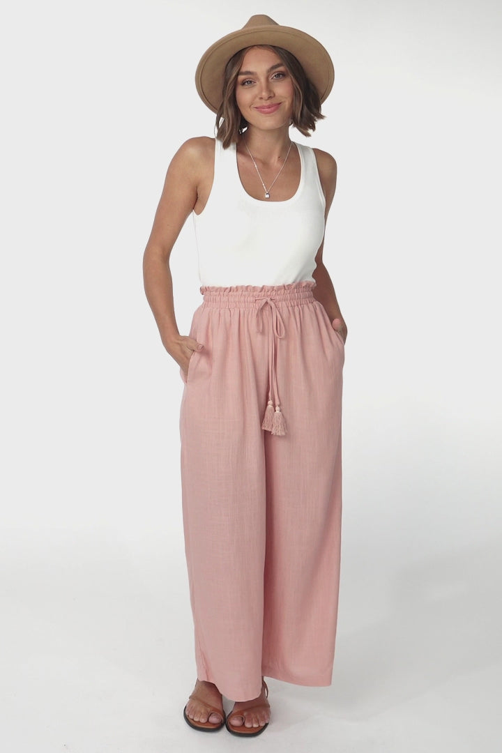 Levelle Pants - Linen Blend Paper Bag Waist with Drawstring Wide Leg Pants with Pockets in Blush