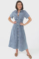 Sharlan Midi Dress - A-Line Button Detailed Denim Dress in Mid Denim Wash