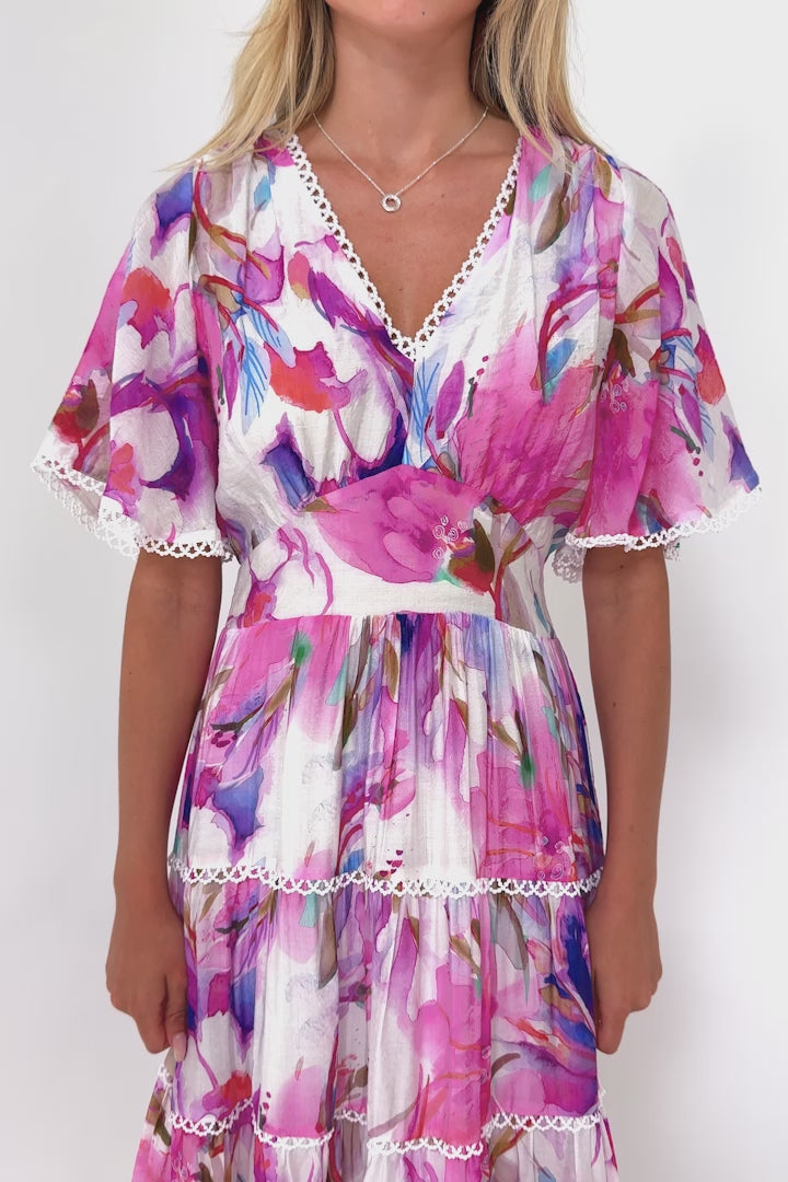 Nessie Maxi Dress - Lace Trim Tiered Dress with Flutter Sleeves in Calliope Print Pink