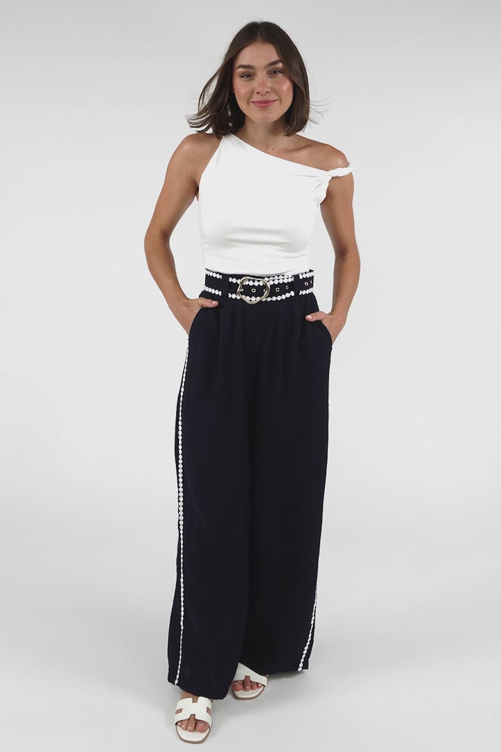 Bobbi Pants - High Waisted Constrast Trim Wide Leg Pants with Matching Belt in Navy