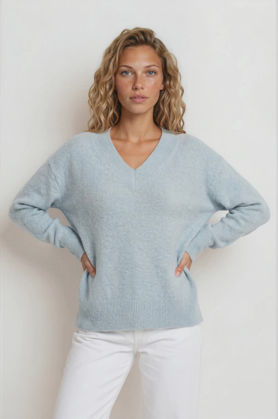 Nikita Jumper - Thick Ribbed V-Neck Knit with Side Split Hemline in Blue