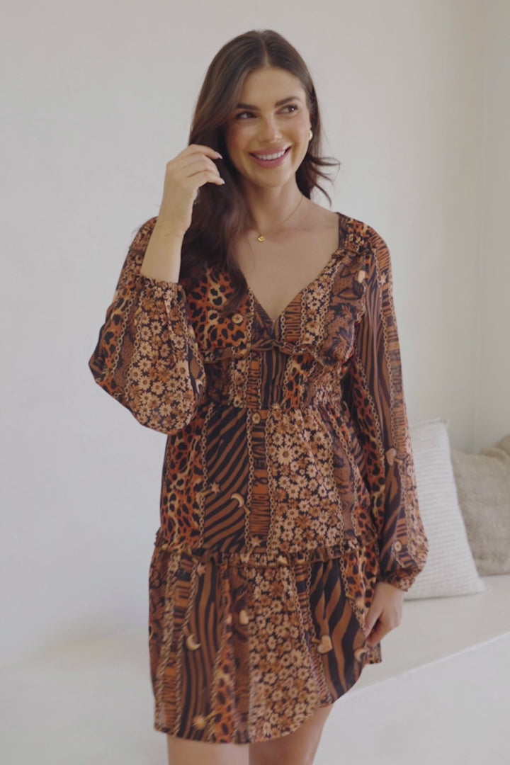 Arcadia Mini Dress - V-Neck Ruffle Splicing Long Sleeve Dress in Riley Print