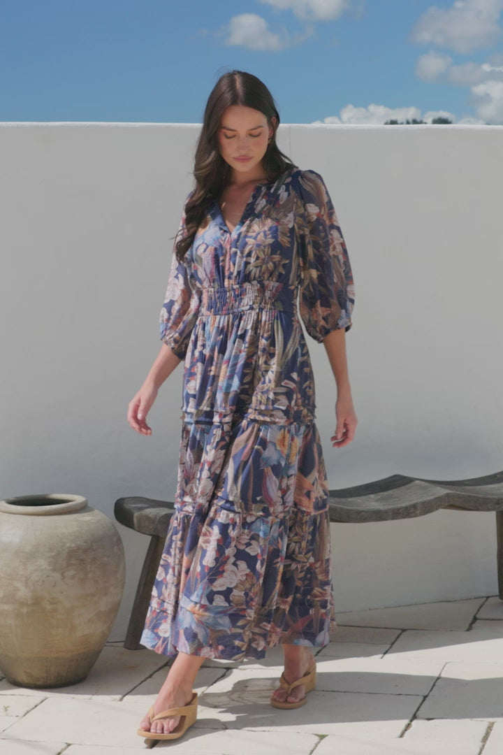 Mondelo Maxi Dress - Pleated Detailed A-Line Dress with 3/4 Balloon Sleeves in Belle Print Navy