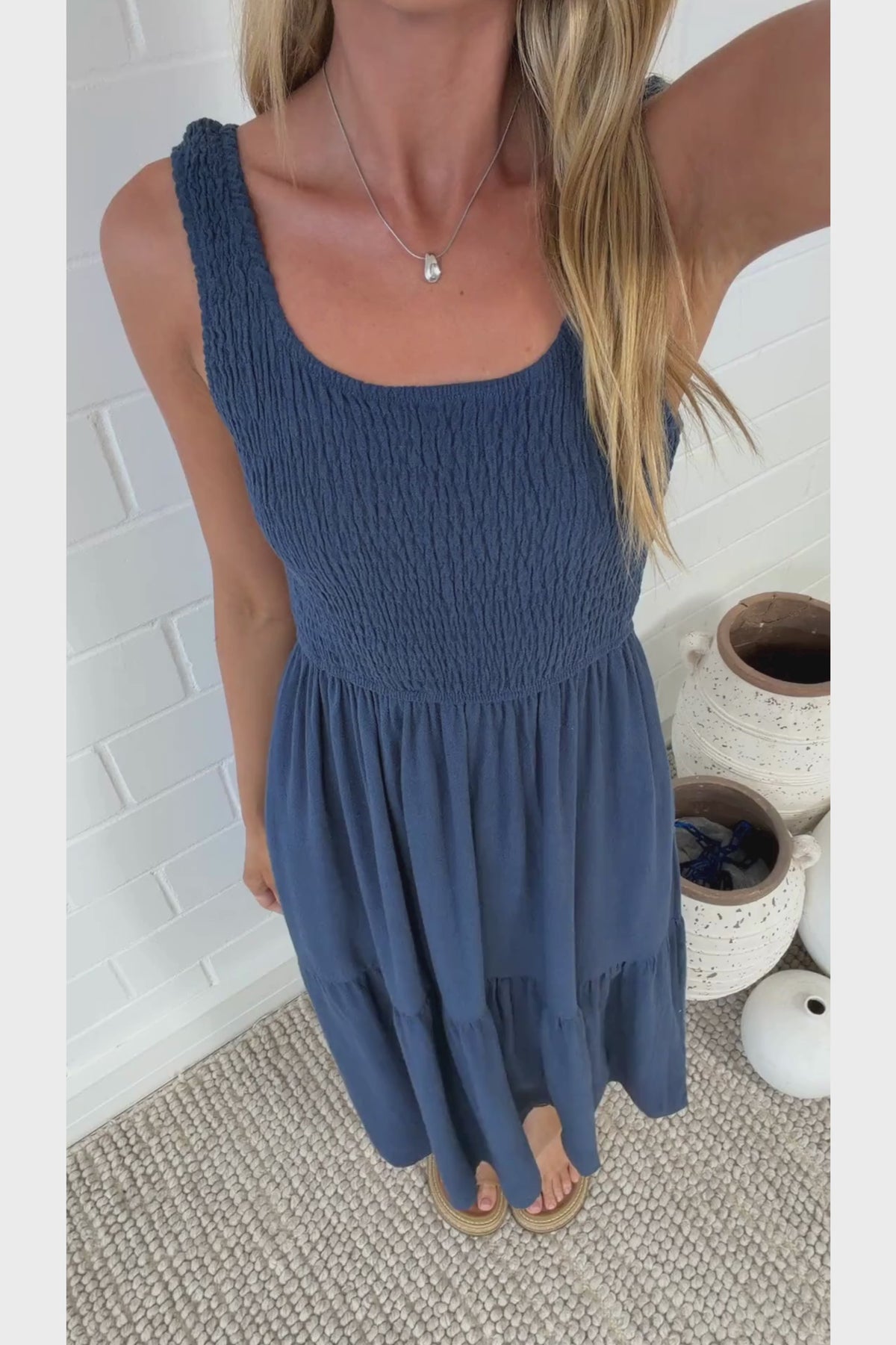 Ramsy Midi Dress - Linen Elasticated Bodice Tiered Sun Dress in Blue