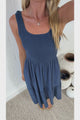 Ramsy Midi Dress - Linen Elasticated Bodice Tiered Sun Dress in Blue