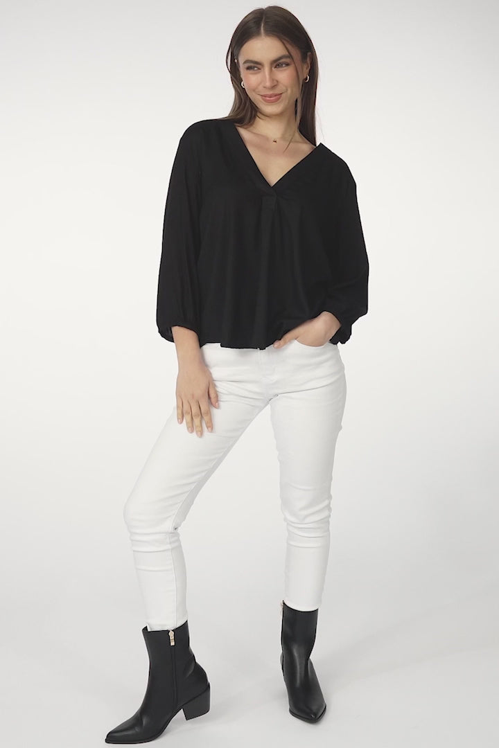 Brenda Top - V Neck 3/4 Sleeve with Button Cuff High-Low Hem Top in Black