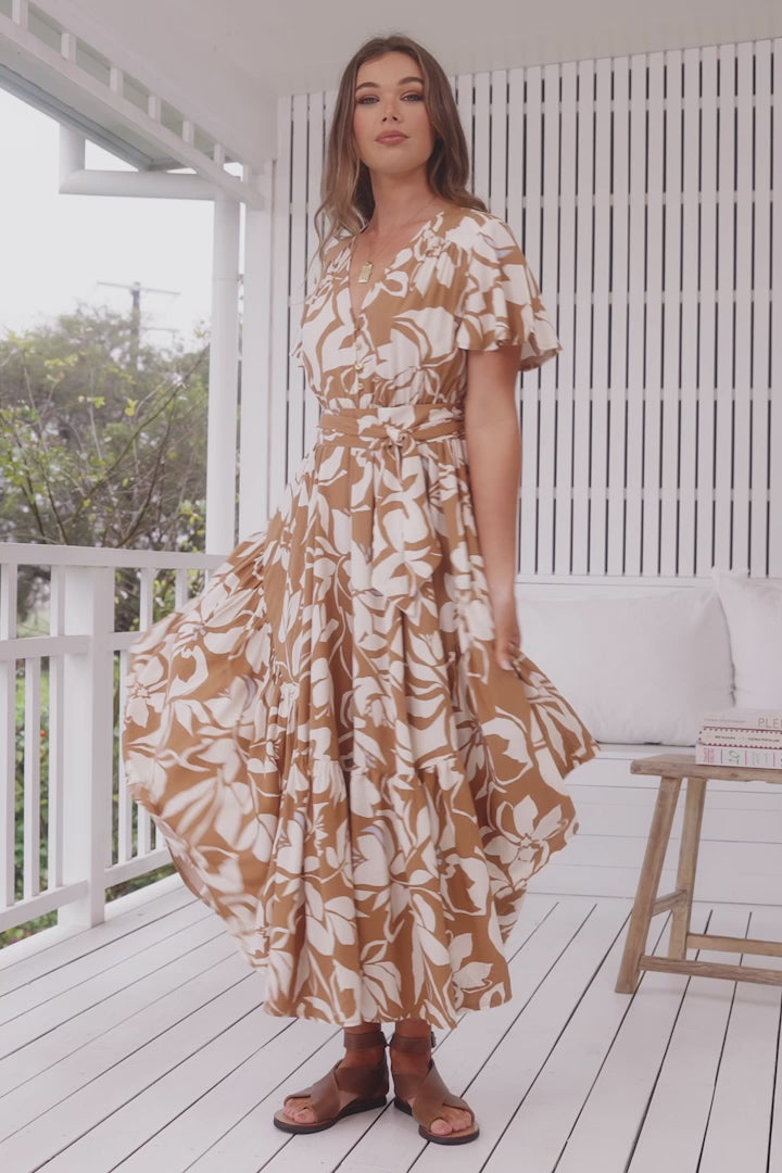 JAASE - Taurus Maxi Dress: Flutter Cap Sleeve Deep V Neck Handkerchief Hem Dress with Matching Waist Tie in Champagne Mist Print