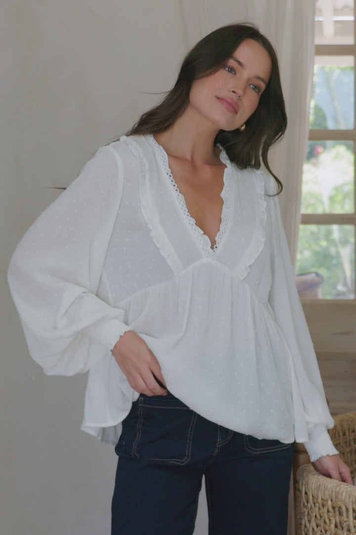 Coral Top - Frill Neckline Empire Bustline Textured Top with Long Balloon Sleeves in White