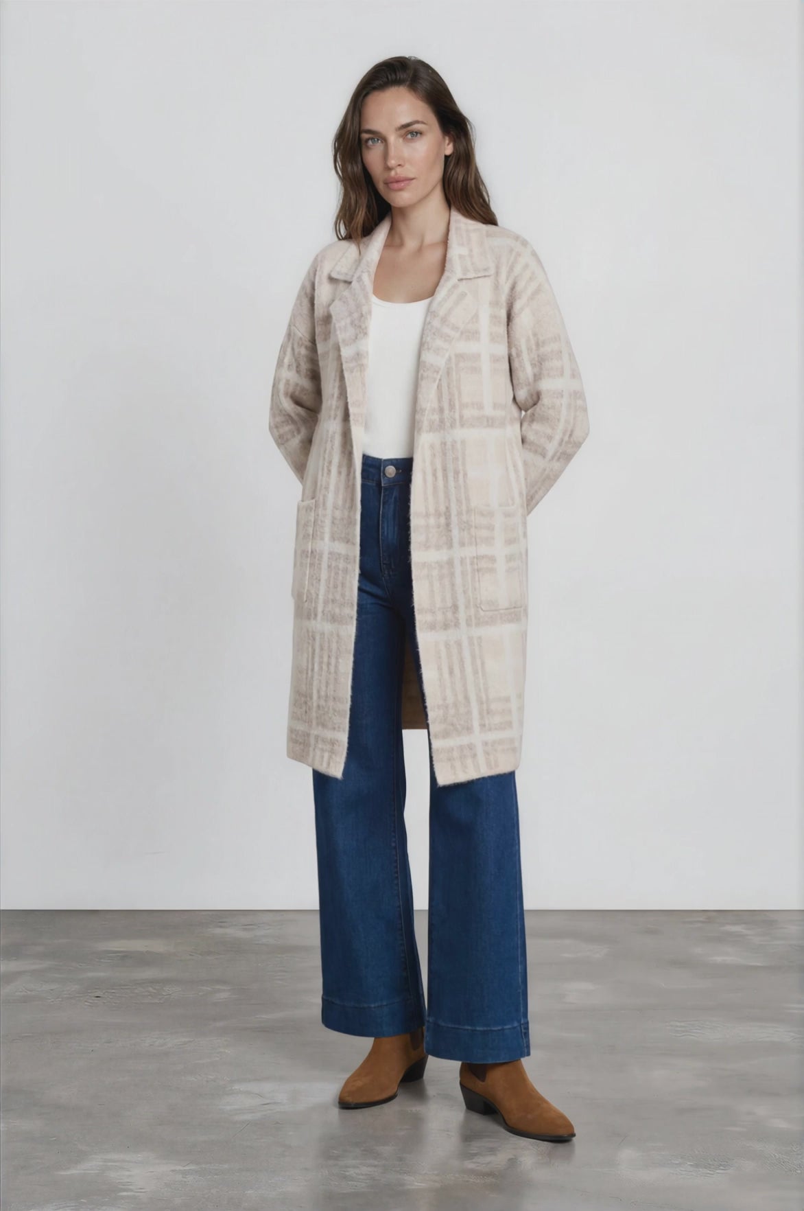 Ellington Cardigan - Lapel Collar Checkered Knit with Pockets in Beige