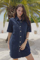 Alyssa Mini Dress - Collared Button-Down Denim Shirt Dress in Denim Blue