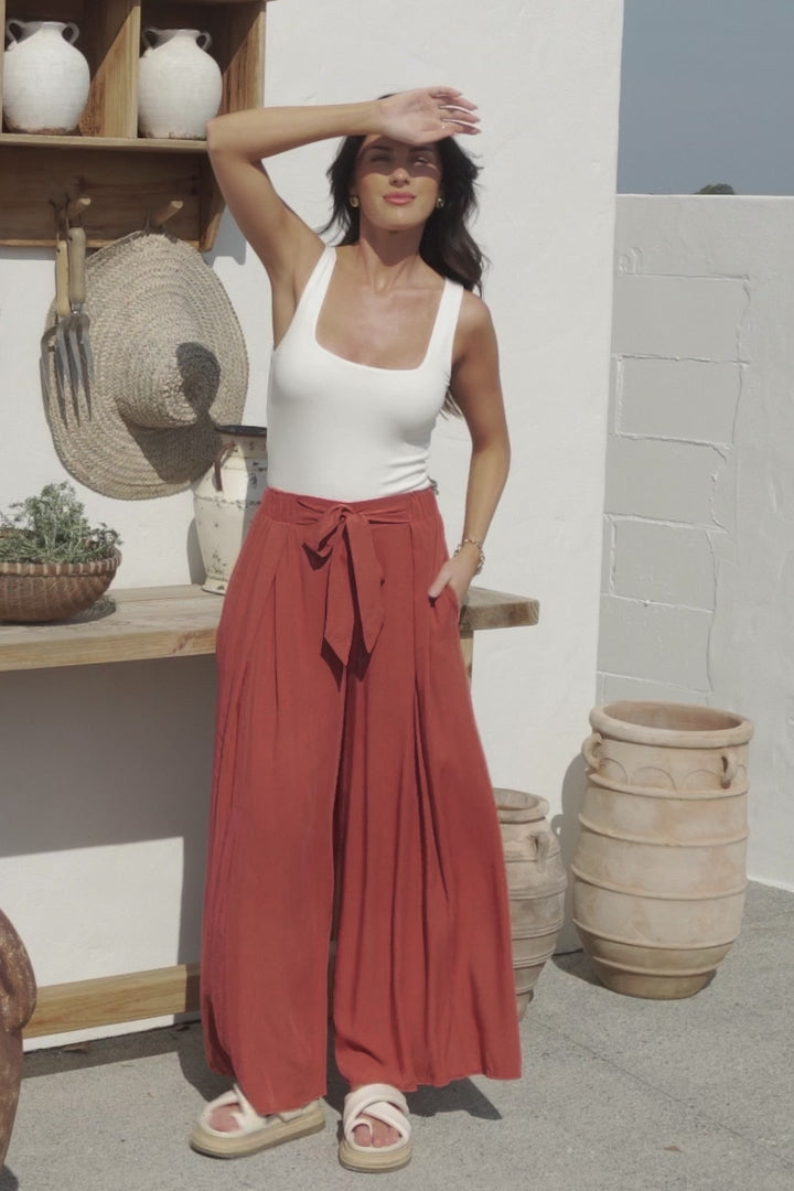 Malta Pants - High Waisted Wide Leg Pants with Tie Waist in Rust