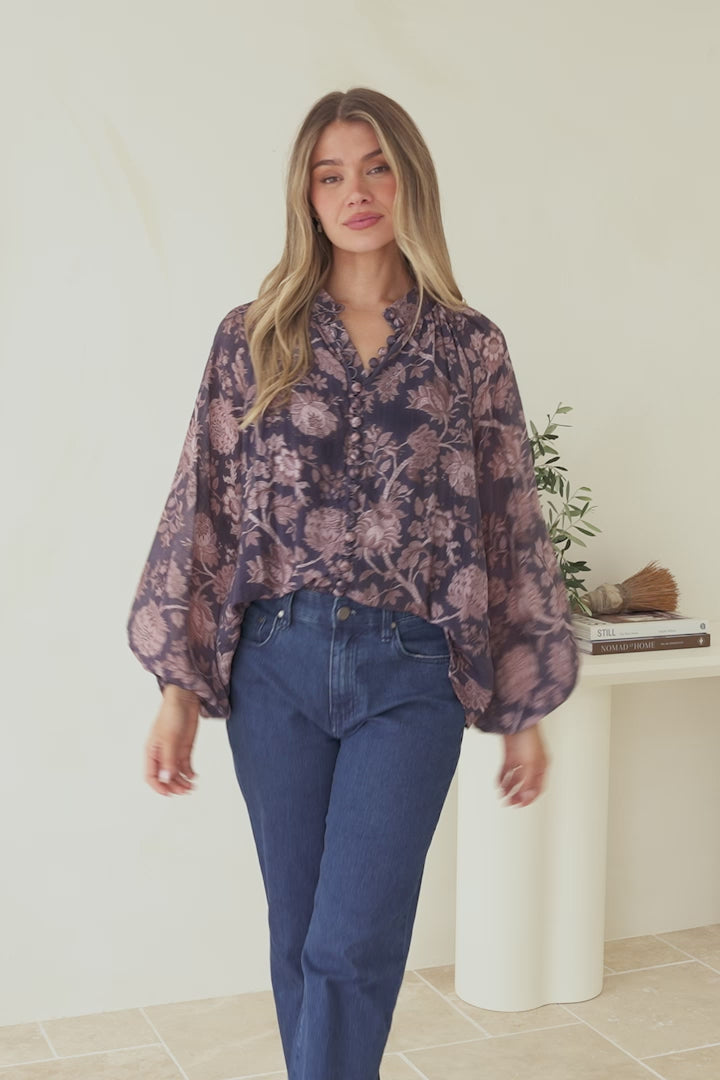 Portia Blouse - Button Down Mandarin Collar Shirt in Tamzin Print Navy