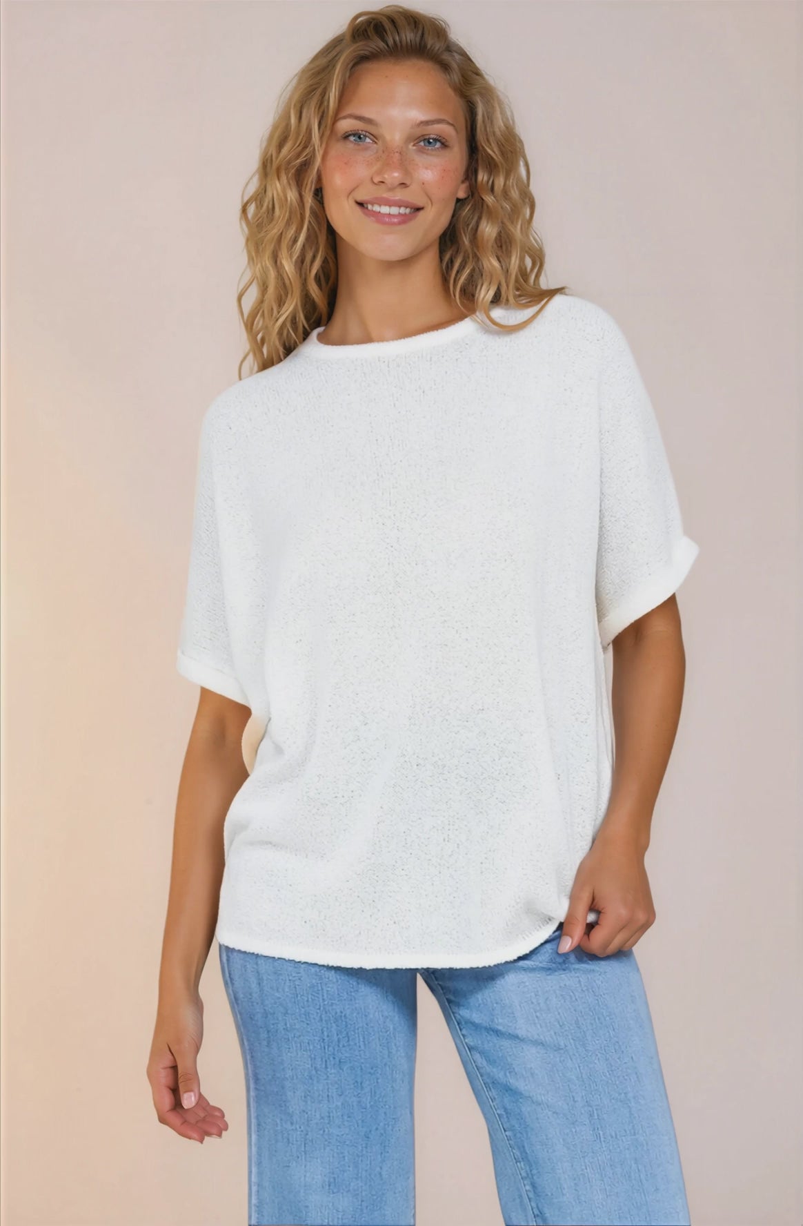 Andre Top - Crew Neck Slouchy Knit Top with Cuffed Short Sleeves in White
