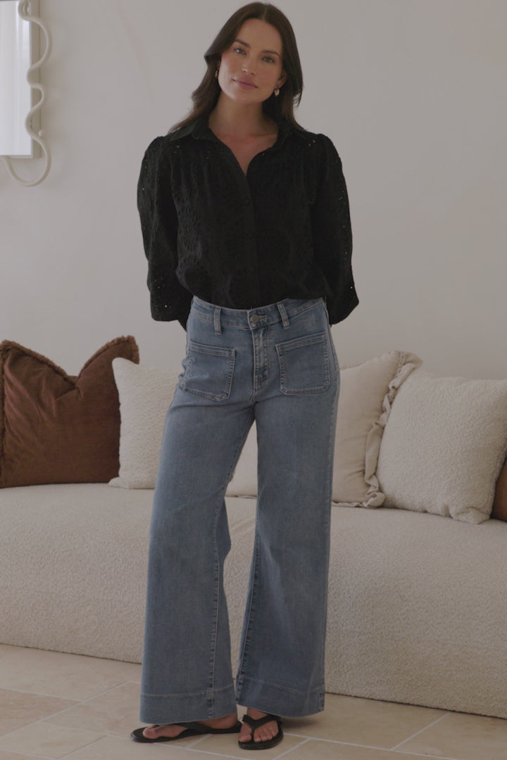 Benton Blouse - Hollow Out Embroidered Button Down Shirt in Black