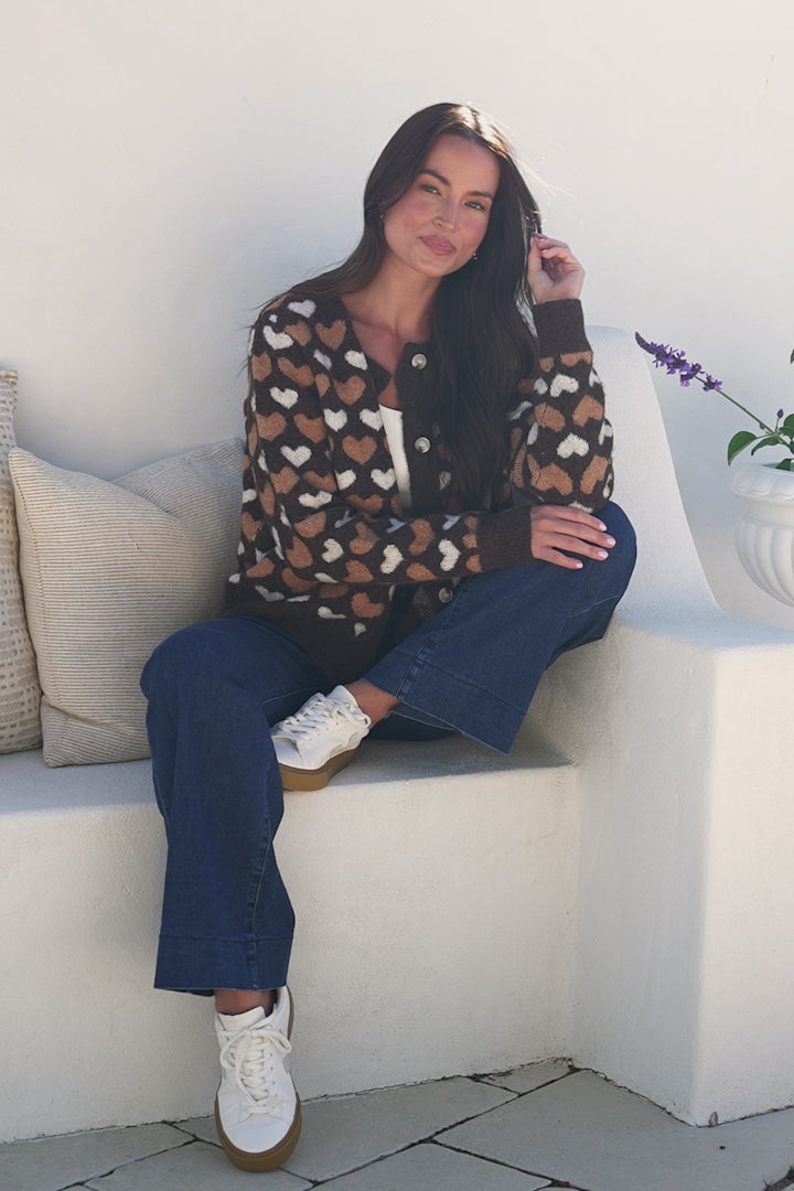 Lynnie Cardigan - Round Neck Button Down Knit with Heart Graphic Motif in Coffee