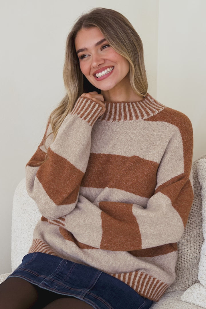 Janie Jumper - Mock Neck Striped Jumper with Contrast Stripe Hemlines in Mocha