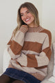 Janie Jumper - Mock Neck Striped Jumper with Contrast Stripe Hemlines in Mocha
