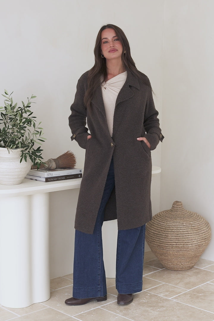 Griffin Cardigan - Collared Button Closure Coatigan with Pockets in Chocolate
