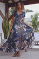 JAASE - Carmen Maxi Dress: Butterfly Cap Sleeve Button Down A Line Dress with Lace Trim in Indigo Print