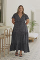 Hetta Maxi Dress - V Neck A Line Dress with Cap Flutter Sleeves in Pomona Print Navy