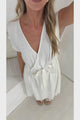 Macy Midi Dress - V Neck A Line Dress with Cuffed Cap Sleeves and Waist TIe in Beige