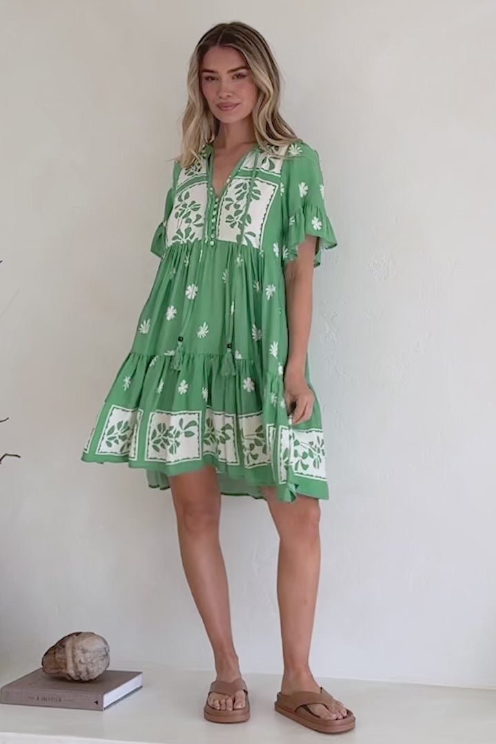 Abilia Mini Dress - Mandarin Collar Smock Dress in Lucinda Print Green