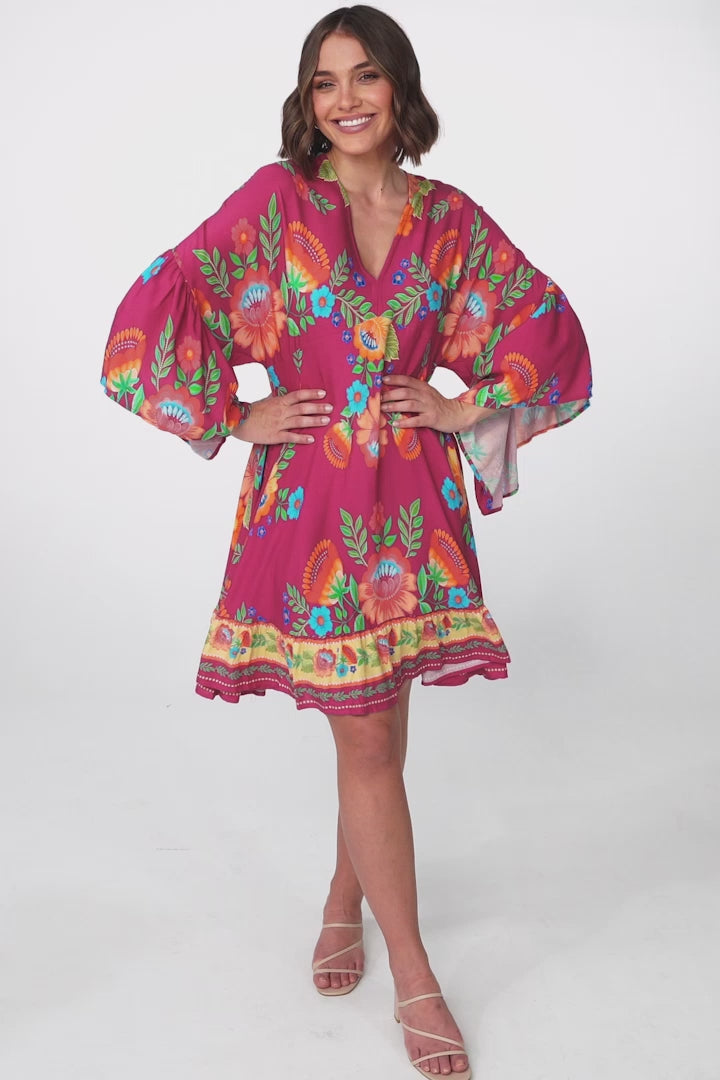 Tildy Mini Dress - V Neck Ruffled Smock Dress in Octavia Print