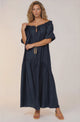 Cristina Maxi Dress - On or Off Shoulder Tiered Shift Dress with Neck Tie Detail in Navy