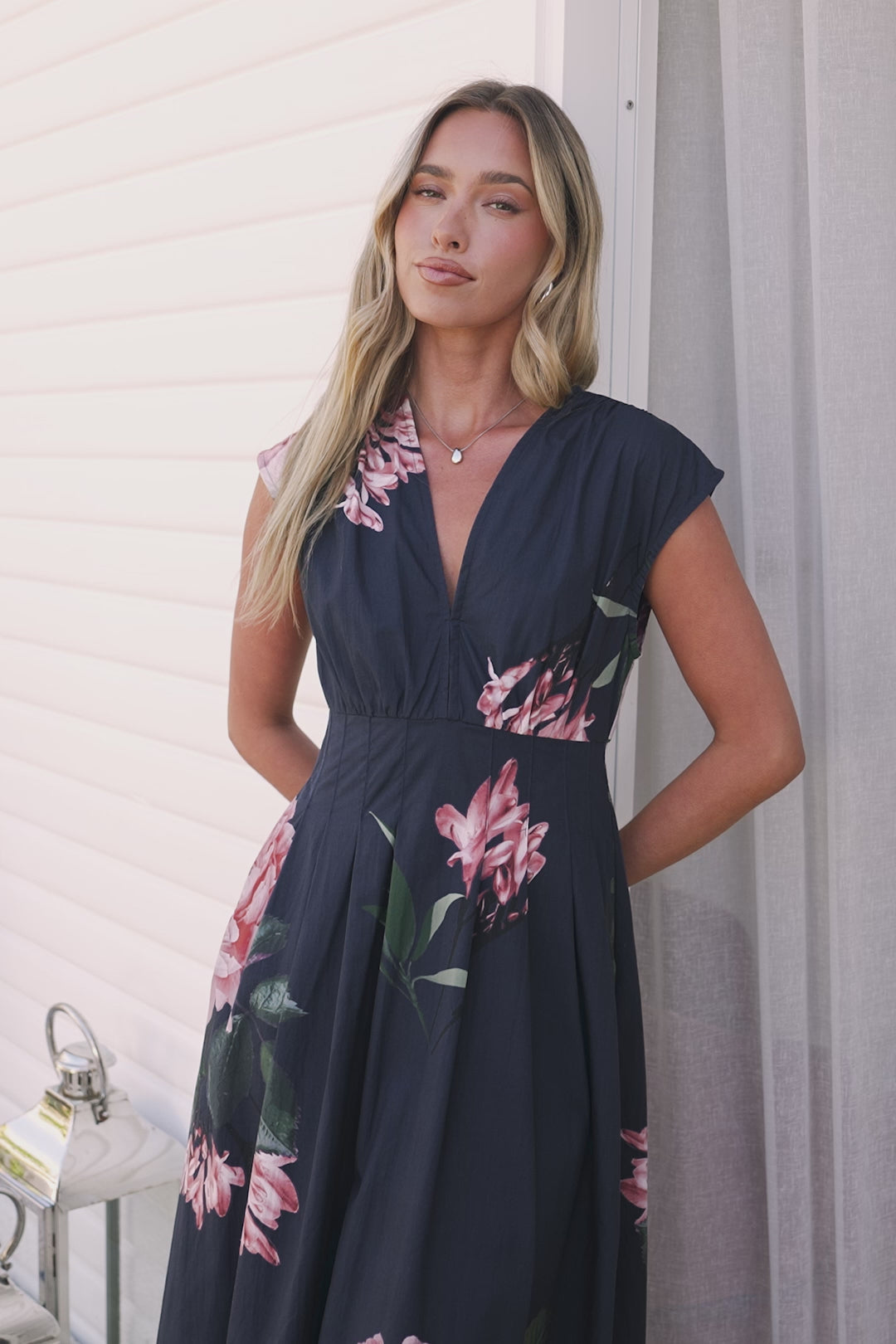 Samira Midi Dress - Cap Sleeve A Line Dress with Pockets in Mika Print Navy