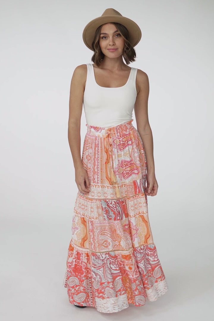 Lemzie Maxi Skirt - Tiered Crochet Insert Skirt in Coral