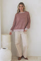 Aura Jumper - Crew Neck Jumper with Contrast Stripe Trim in Cinnamon