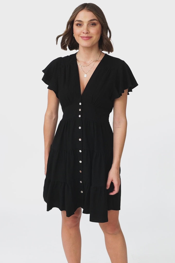 Amy Mini Dress - Frill Cap Sleeve Button Down V Neck Dress in Black