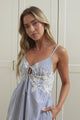 Miller Midi Dress - Tie Front V Neck Embroidered Dress with Pockets in Blue