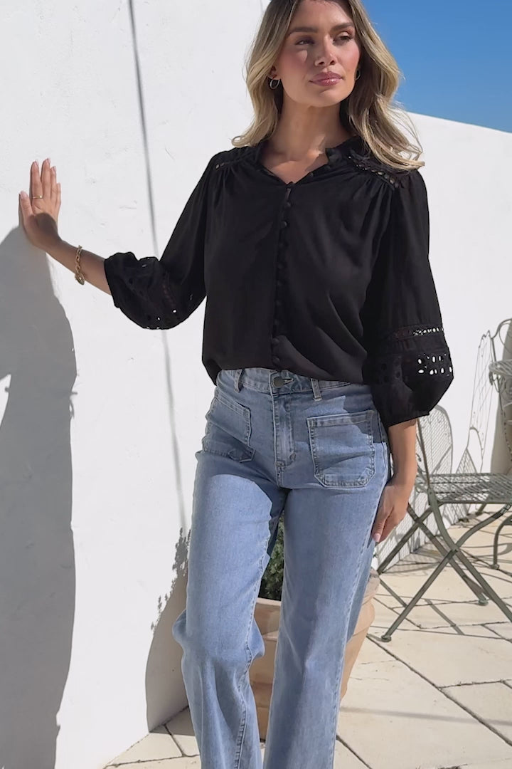 Alyce Shirt - Mandarin Collar Cut Out Detailed Sleeve Button Down in Black