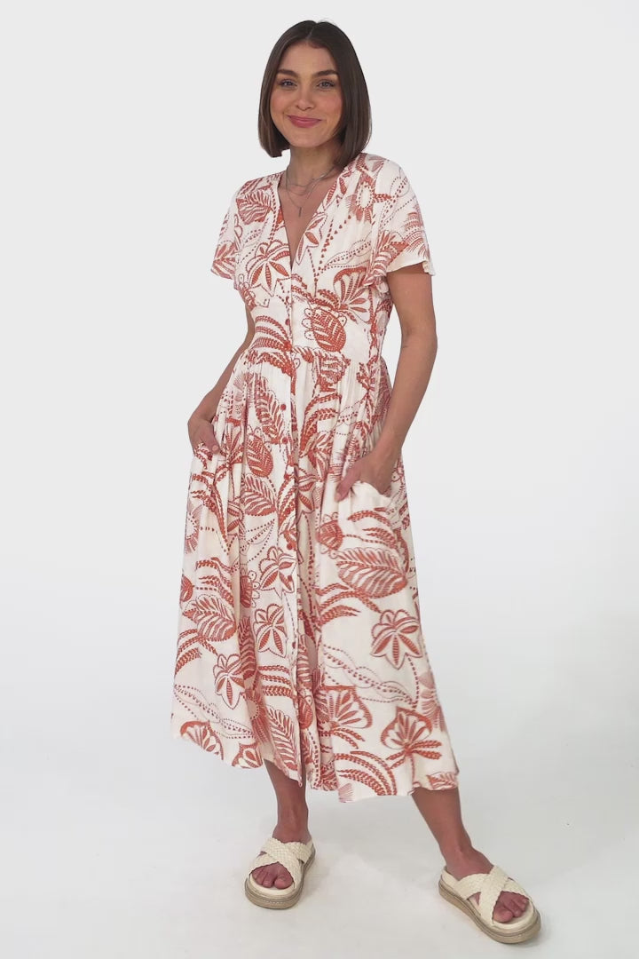 Anais Midi Dress - Cap Flutter Sleeve Button Down A Line Dress in Havanna Print Cream