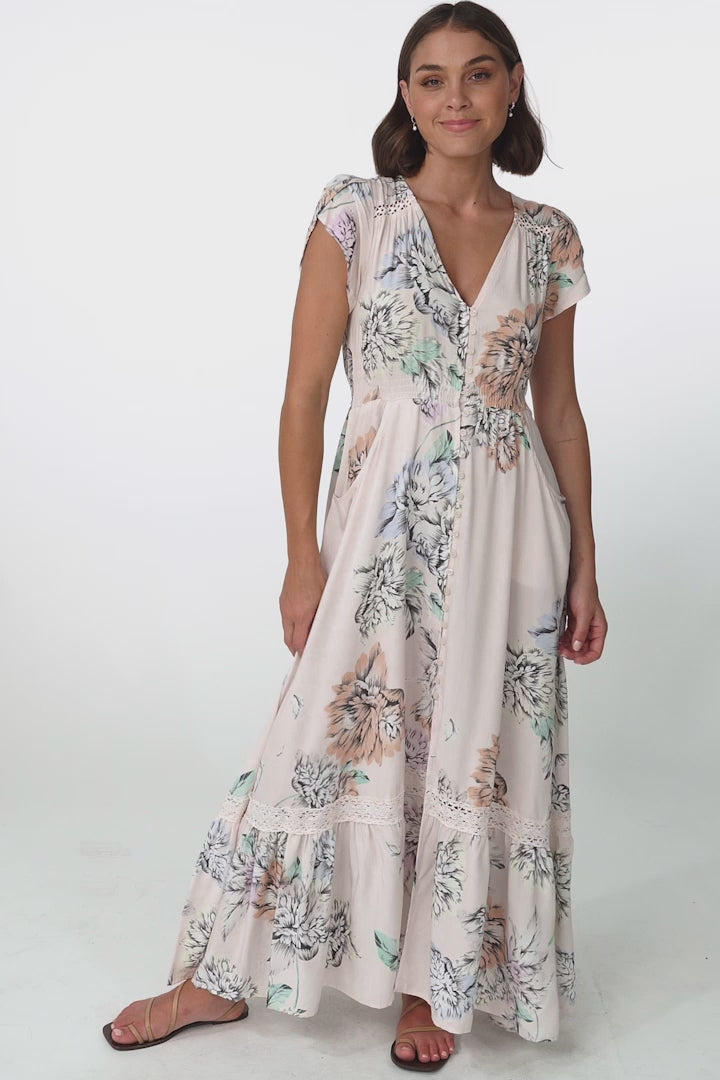 JAASE - Carmen Maxi Dress: Butterfly Cap Sleeve Button Down A Line Dress with Lace Trim in Blooming Bouquet Print