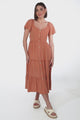 Karina Midi Dress - Button Down Cap Sleeve Tiered Dress in Rust