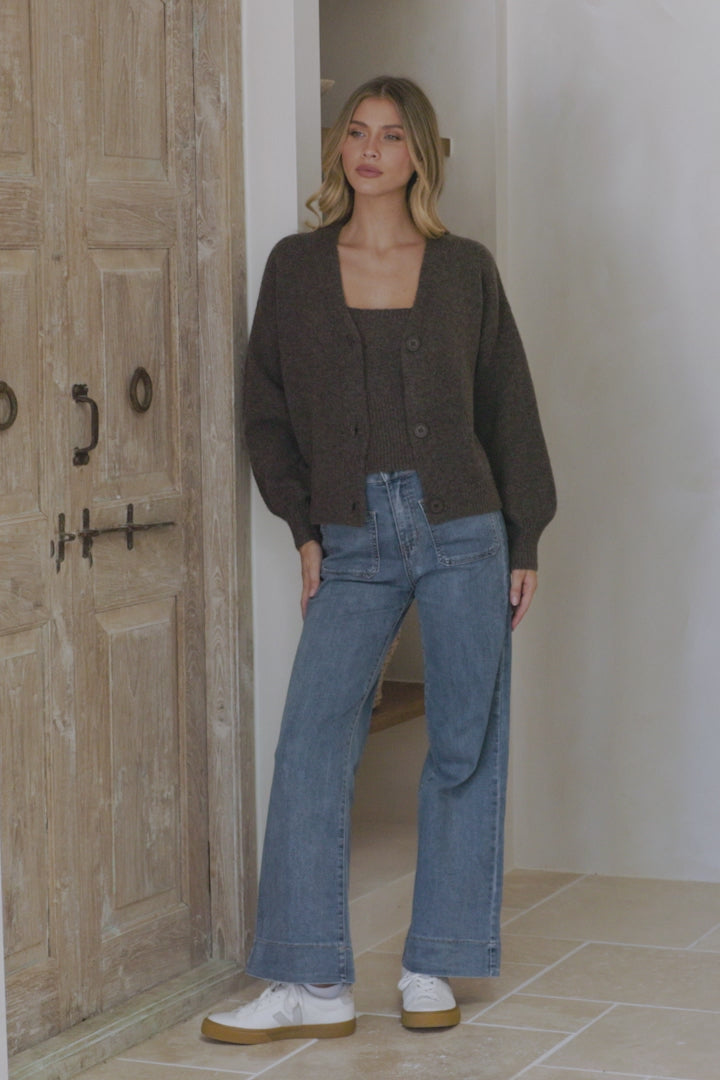 Indie Cardigan Set - Knit Top and Button Down Cardigan Set in Chocolate