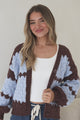 Nolar Cardigan - V Neck Button Front Contrast Trim Bubble Knit in Blue/Chocolate