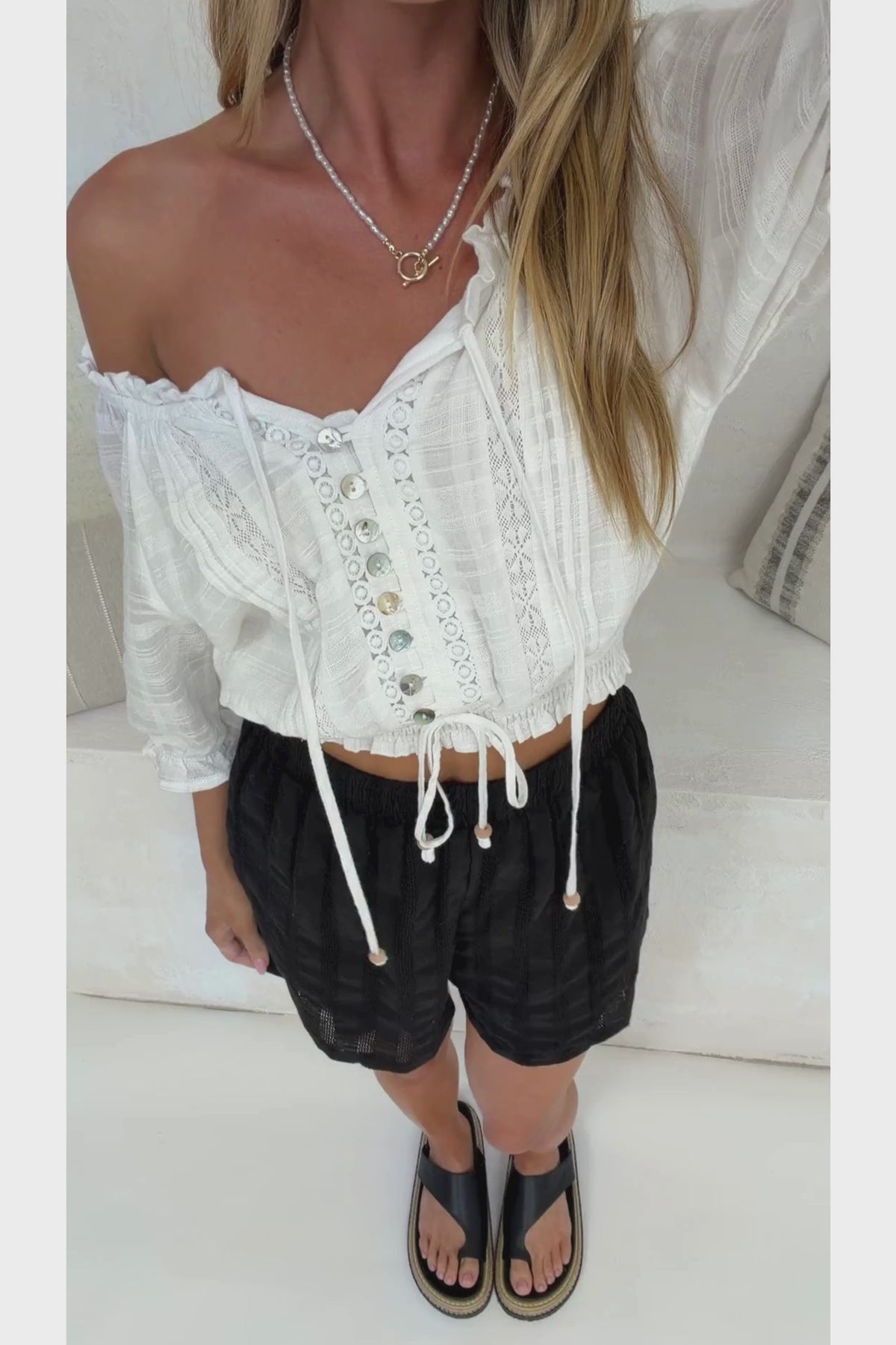 Hester Shorts - Relaxed Elasticated Waist Textured Short with Pockets in Black