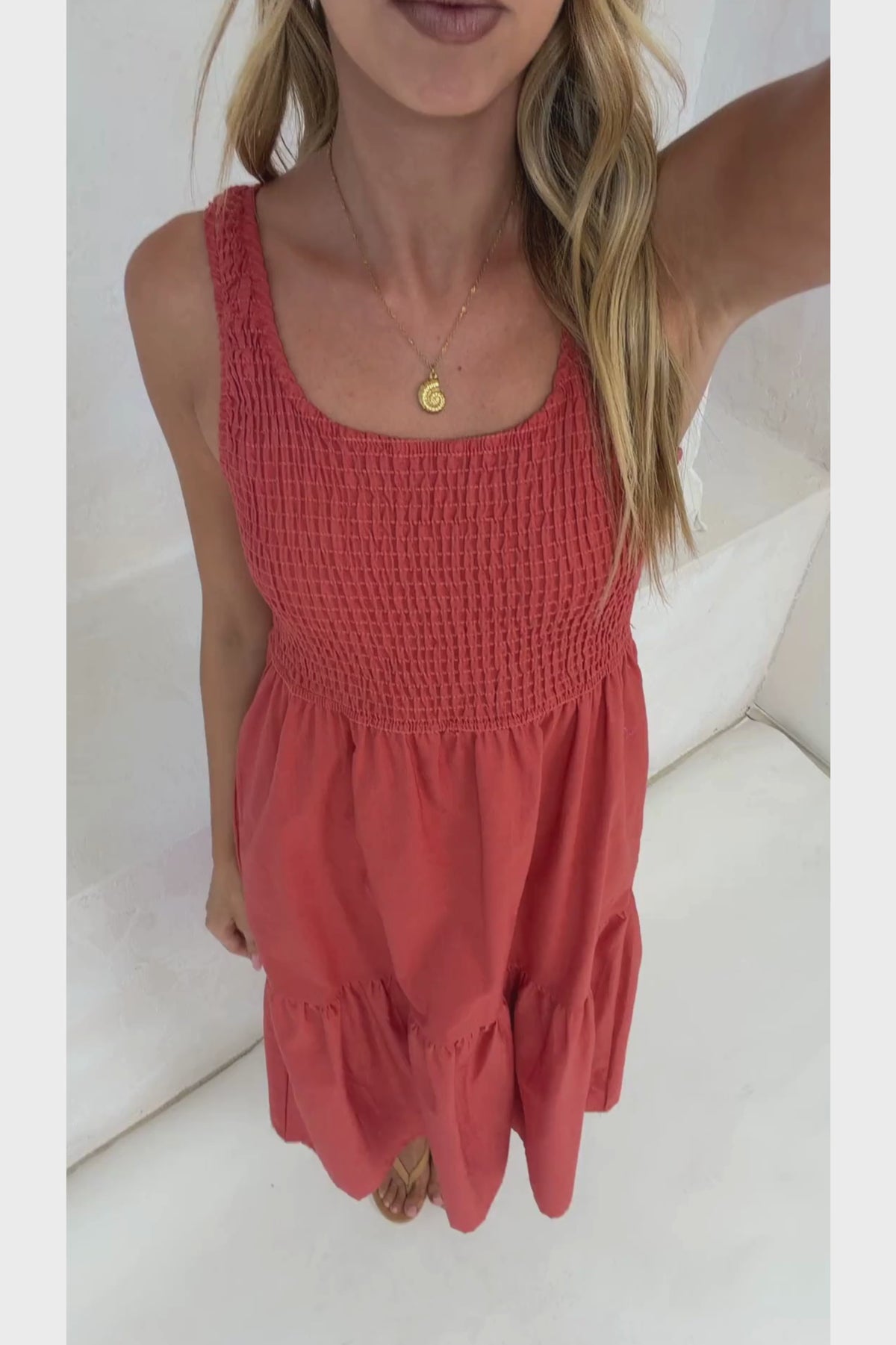 Sarlie Midi Dress - Shirred Bodice Cotton/Linen Blend Tiered Dress in Orange