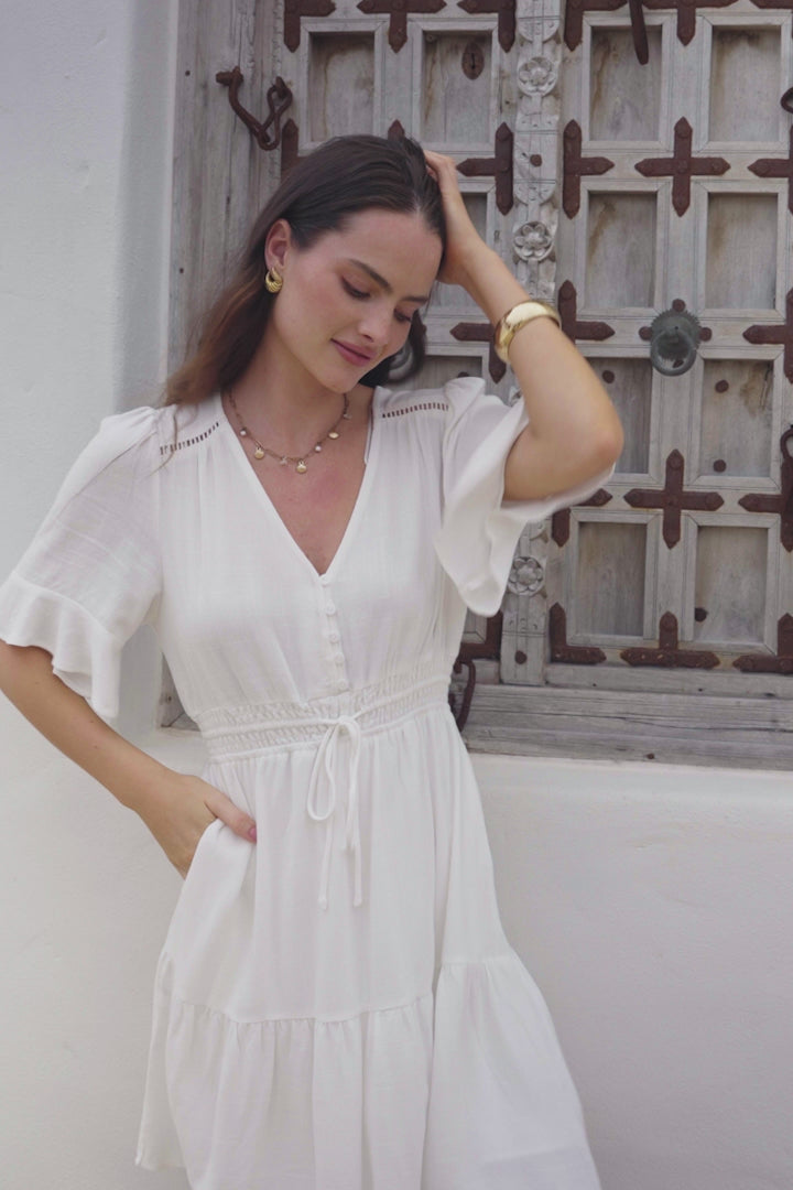 Truese Mini Dress - A-Line Dress with Short Ruffle Sleeves in White