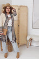 Pasadena Cardigan - Open Front Graphic Border Print with Tassel Hemline in Beige