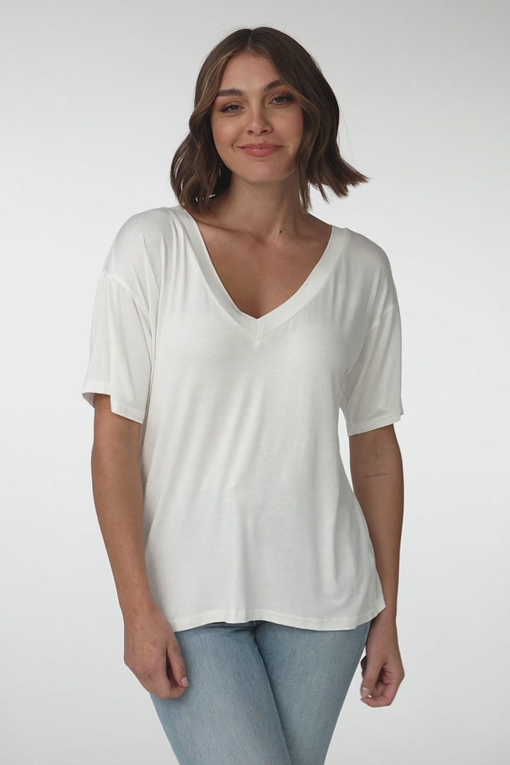 Madi T-Shirt - V Neck Short Sleeve Stretchy Tee in White