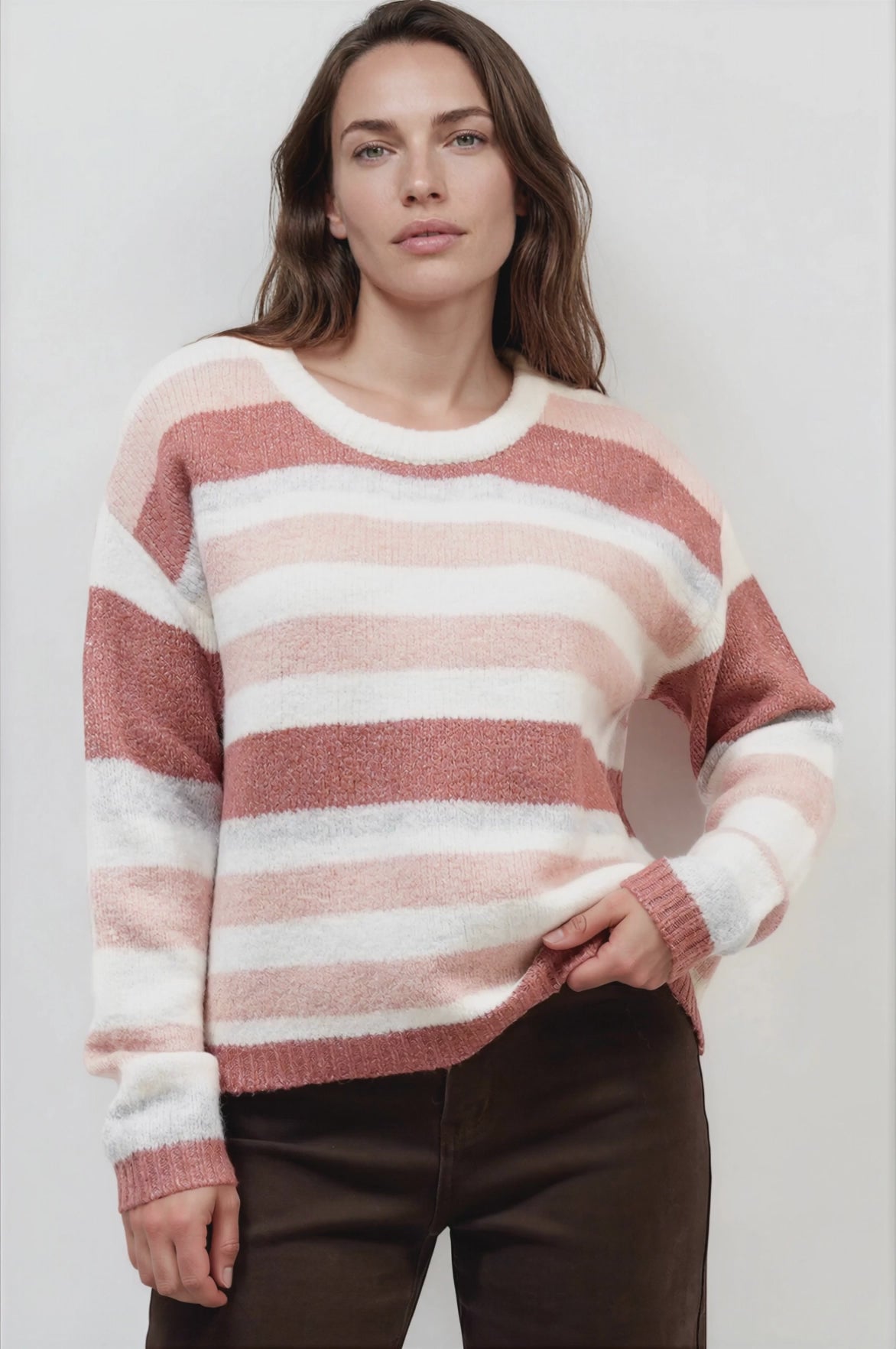Bay Jumper - Crew Neck Striped Knit with Ribbed Hemlines in Pink
