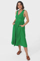 Anaya Midi Dress - V Neck Linen/Cotton Blend Button Down Sleeveless Dress in Green