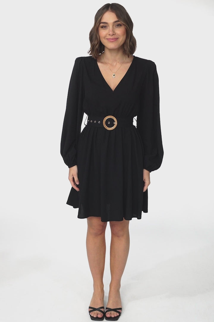 Lyna Mini Dress - A Line Dress with Statement Rattan Buckle Belt in Black