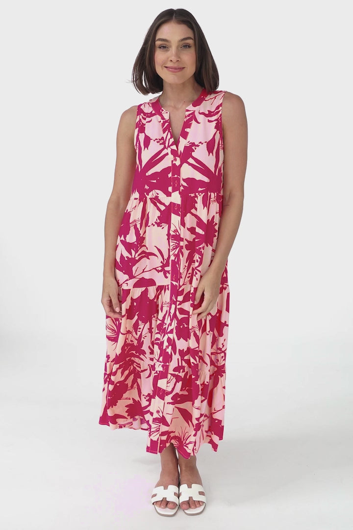 Acelle Midi Dress - Sleeveless Bermuda Collar Button Down Dress in Patty Print Pink