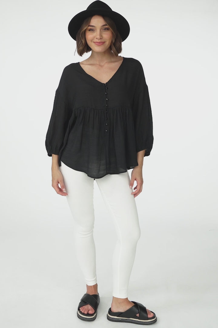 Lucah Top - V-Neck Button Through Mid Sleeve Top in Black