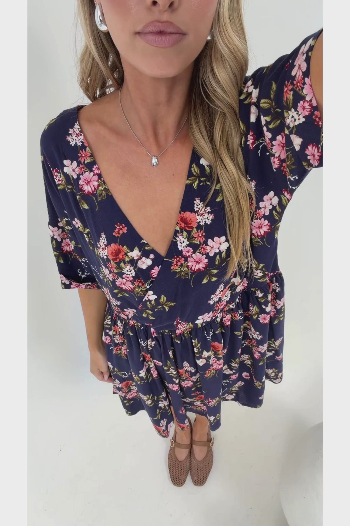 Margot Mini Dress - V Neck Short Sleeves Mini Dress in Rosalune Print